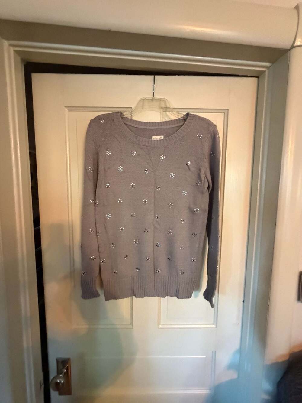 Maison Jules Embellished Rhinestone Sweater Size M Gray Cotton